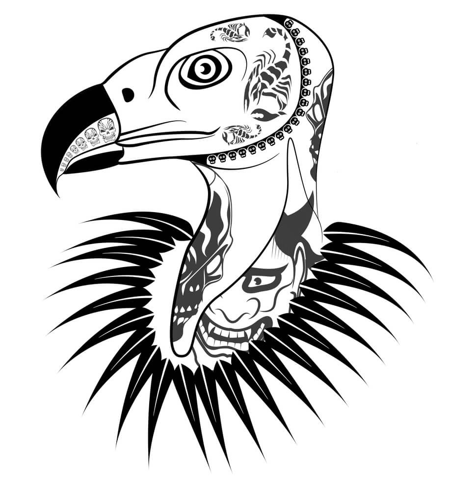 Vulture head with tattoo